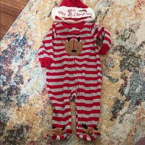 Carter's Festive Red and Gray Striped Reindeer Footie with Christmas hat
